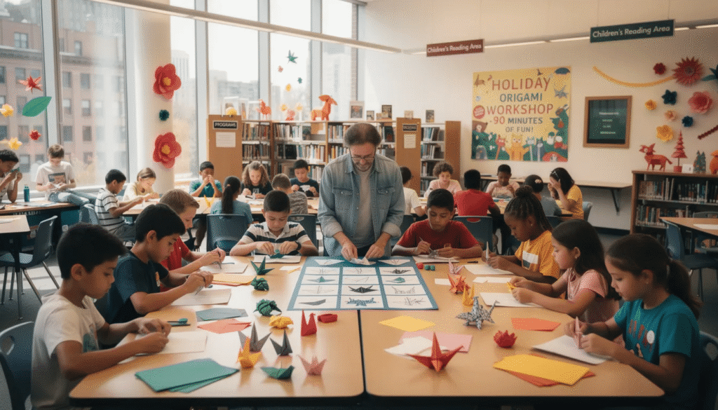 An origami instructor leads a group of students in a classroom teaching them techniques for folding paper into traditional origami creations like cranes and frogs The session is lively with participants of various ages engaged in creating their own origami designs while exploring the joy of paper folding