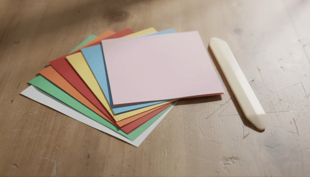 The image features an array of colorful origami papers alongside a bone folder all neatly arranged on a wooden table surface ideal for crafting traditional origami boxes or gift boxes The vibrant papers invite creativity perfect for anyone looking to learn and create unique origami shapes
