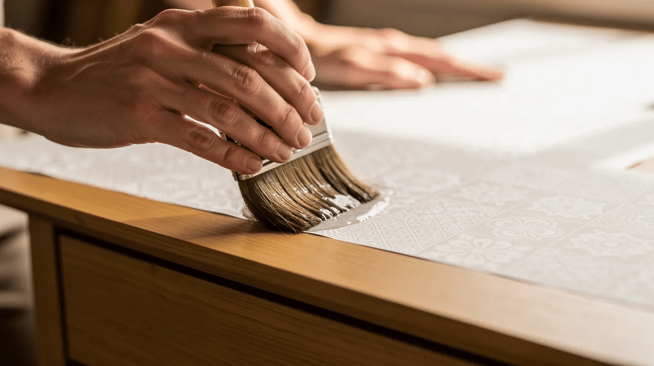 A pair of hands gently applies decorative paper possibly decoupage napkins or rice paper to the surface of a wooden furniture piece using a soft brush This careful decorating technique showcases the artistry involved in home decor projects highlighting the exceptional quality of the materials used