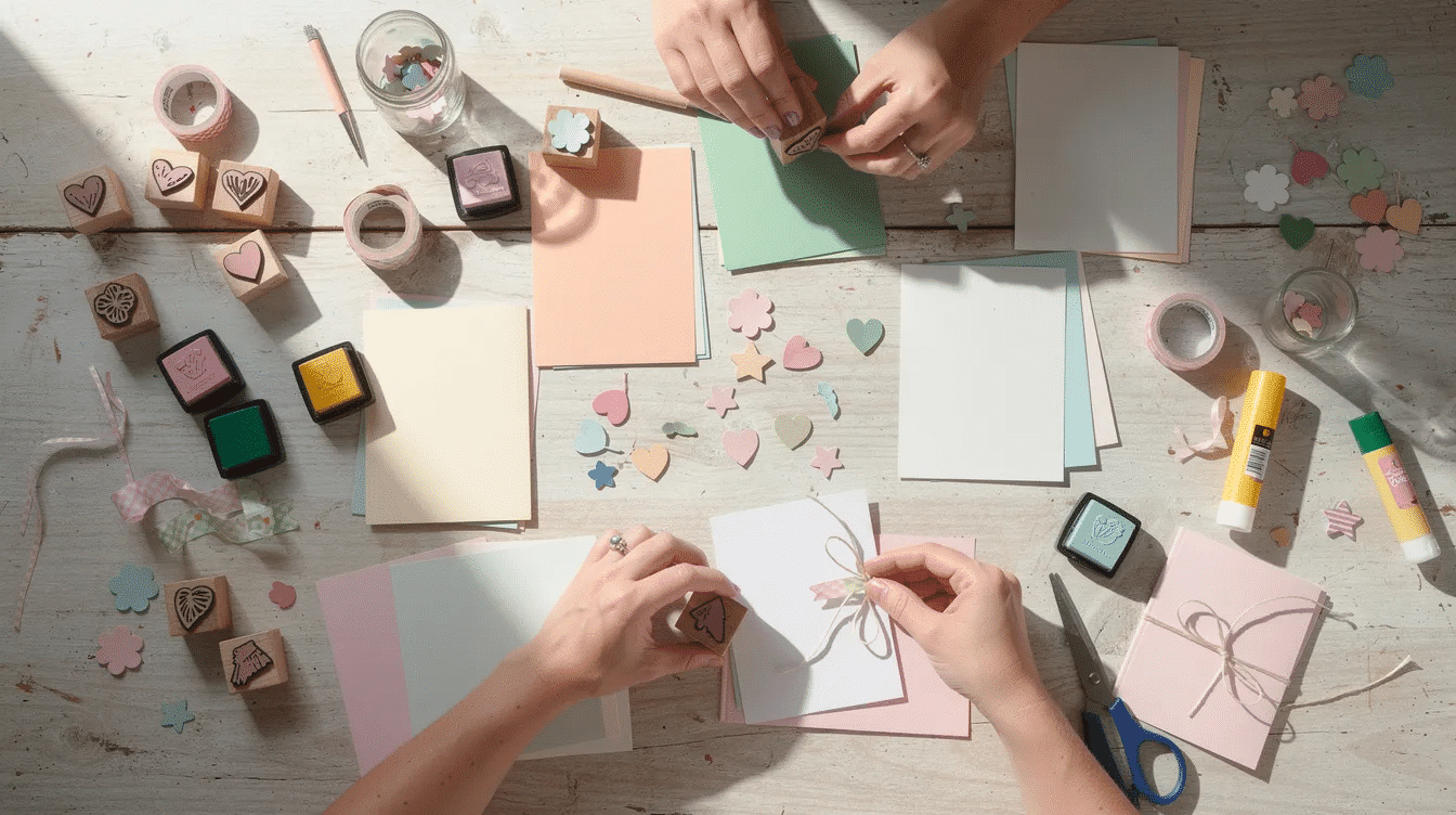 The image depicts hands carefully assembling handmade greeting cards surrounded by various craft supplies including custom stamps an ink pad and stamp templates on a work surface The scene captures the creative process of designing unique cards showcasing the tools used to create lasting impressions