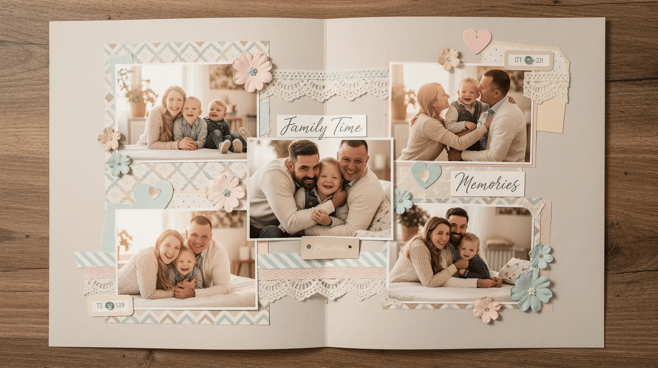 The image shows a completed scrapbook page showcasing family photos surrounded by colorful decorative elements and embellishments creating a heartfelt layout that captures cherished memories This project highlights the use of scrapbook supplies perfect for crafters looking to preserve their family moments in a creative way
