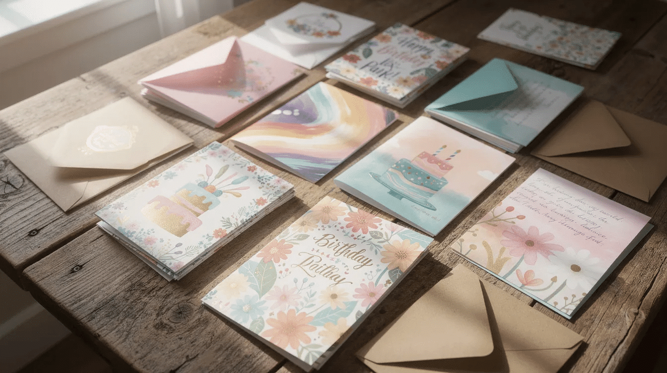 A colorful assortment of greeting cards including birthday anniversary and holiday cards is spread across a wooden table accompanied by matching envelopes The cards feature intricate illustrations and heartfelt messages perfect for sending well wishes to loved ones on various occasions