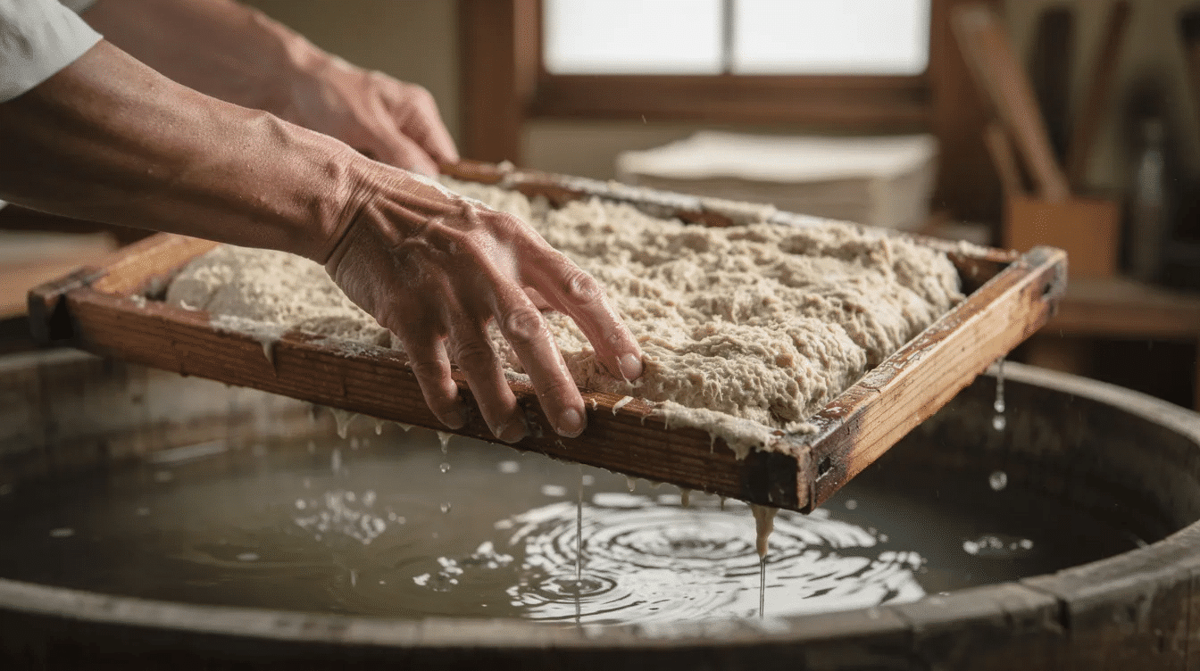 The image shows skilled artisan hands shaping paper pulp within a traditional wooden mold positioned over a water basin highlighting the handmade process of creating decorative sheets This scene captures the essence of craftsmanship perfect for a collection of unique papers used in bookbinding or invitations