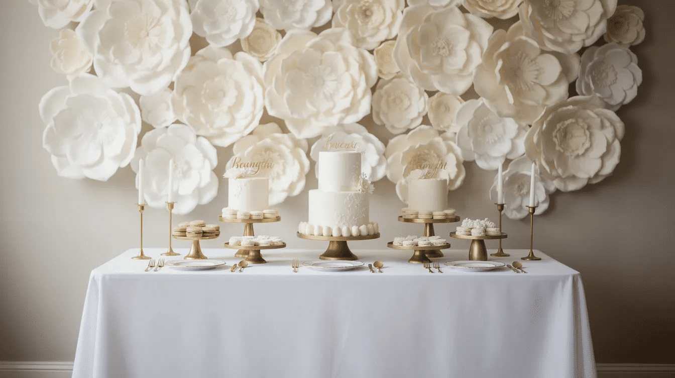 169bf493 2e85 4add a4fa a4cf38b0d39c An elegant arrangement of white paper flowers featuring delicate crepe paper petals and lush green leaves serves as a stunning backdrop behind a wedding dessert table adorned with gold accents This beautiful paper flower wall decor adds a touch of sophistication to the wedding decoration creating a perfect setting for the celebration