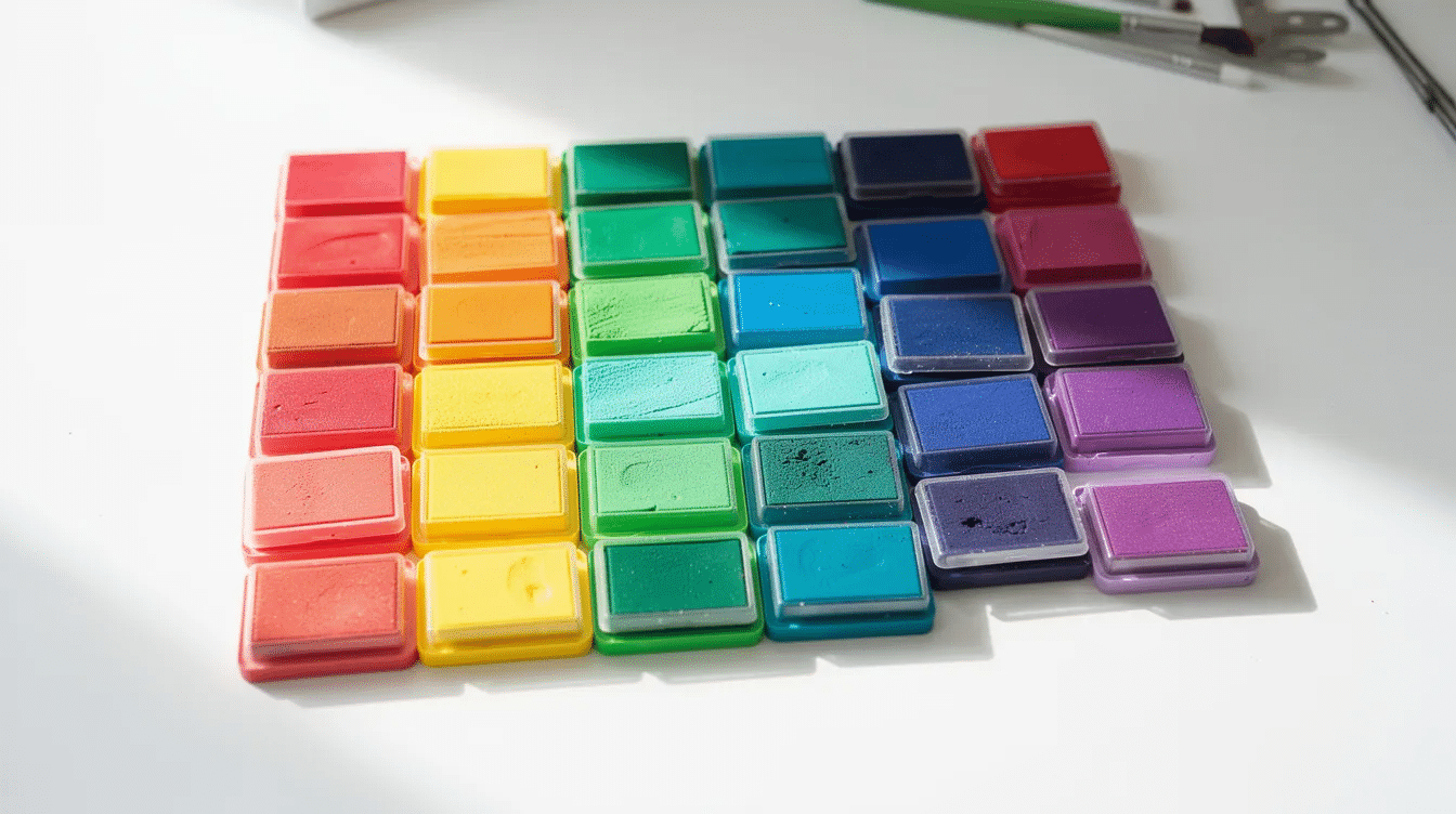 The image features a vibrant arrangement of colorful ink pads in a rainbow pattern on a white craft table ideal for creating custom stamps and artwork Each ink pad showcases a different shade inviting creativity for stamp designs and printing projects