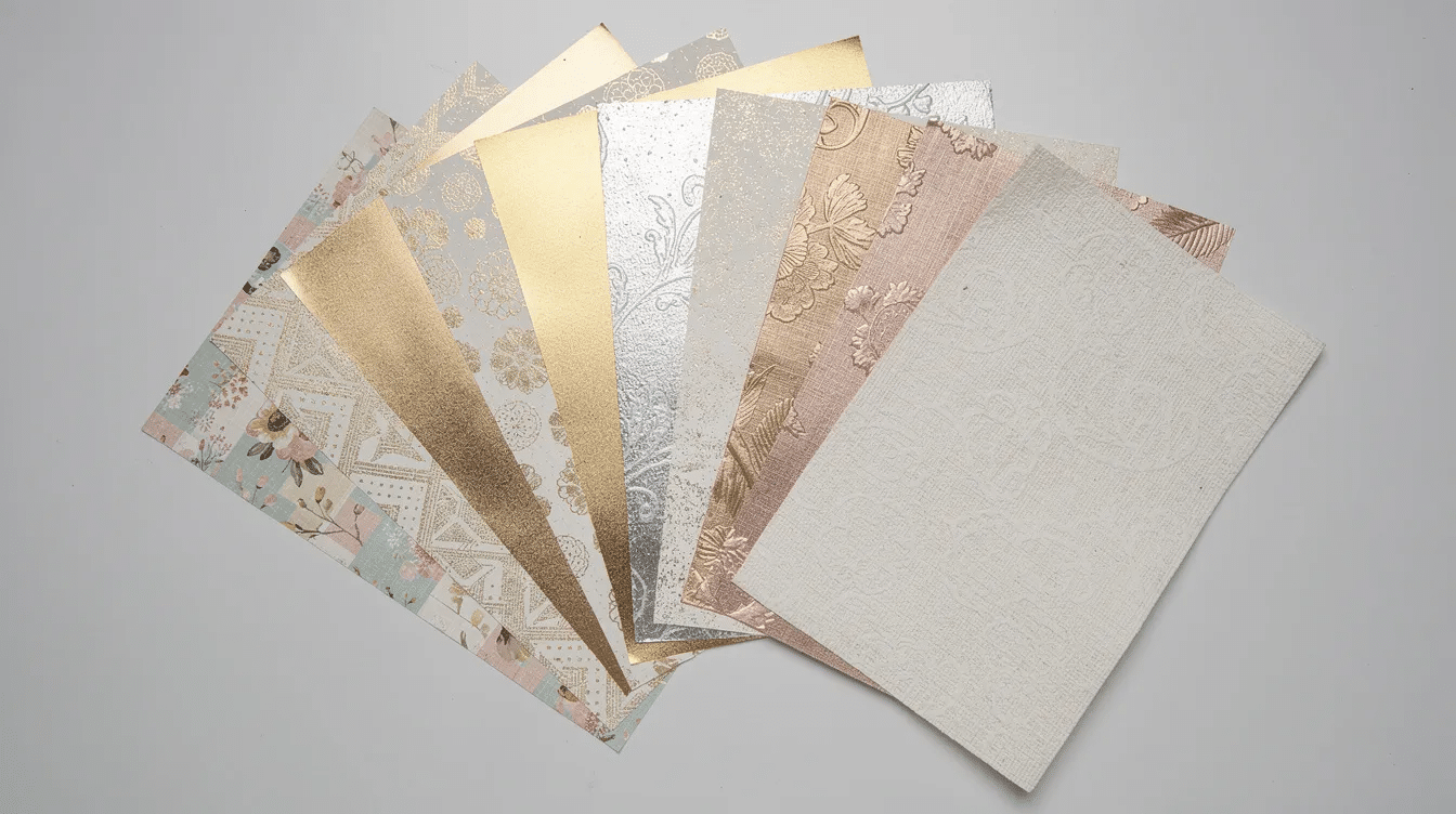 A fanned out display of various decorative papers showcases a vibrant collection of patterned metallic and textured cardstock perfect for artists and crafters looking to enhance their artwork with interesting surfaces and fine details These art supplies offer a range of styles and colors ideal for any creative project