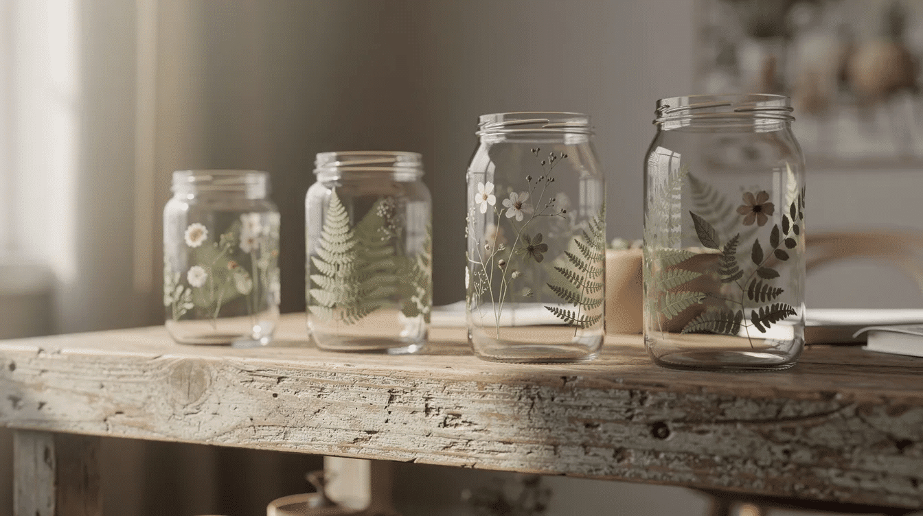 The image features a curated collection of decorated glass jars adorned with botanical prints elegantly displayed on a rustic wooden shelf These jars showcase seasonal motifs and artistic styles embodying the charm of decoupage crafts