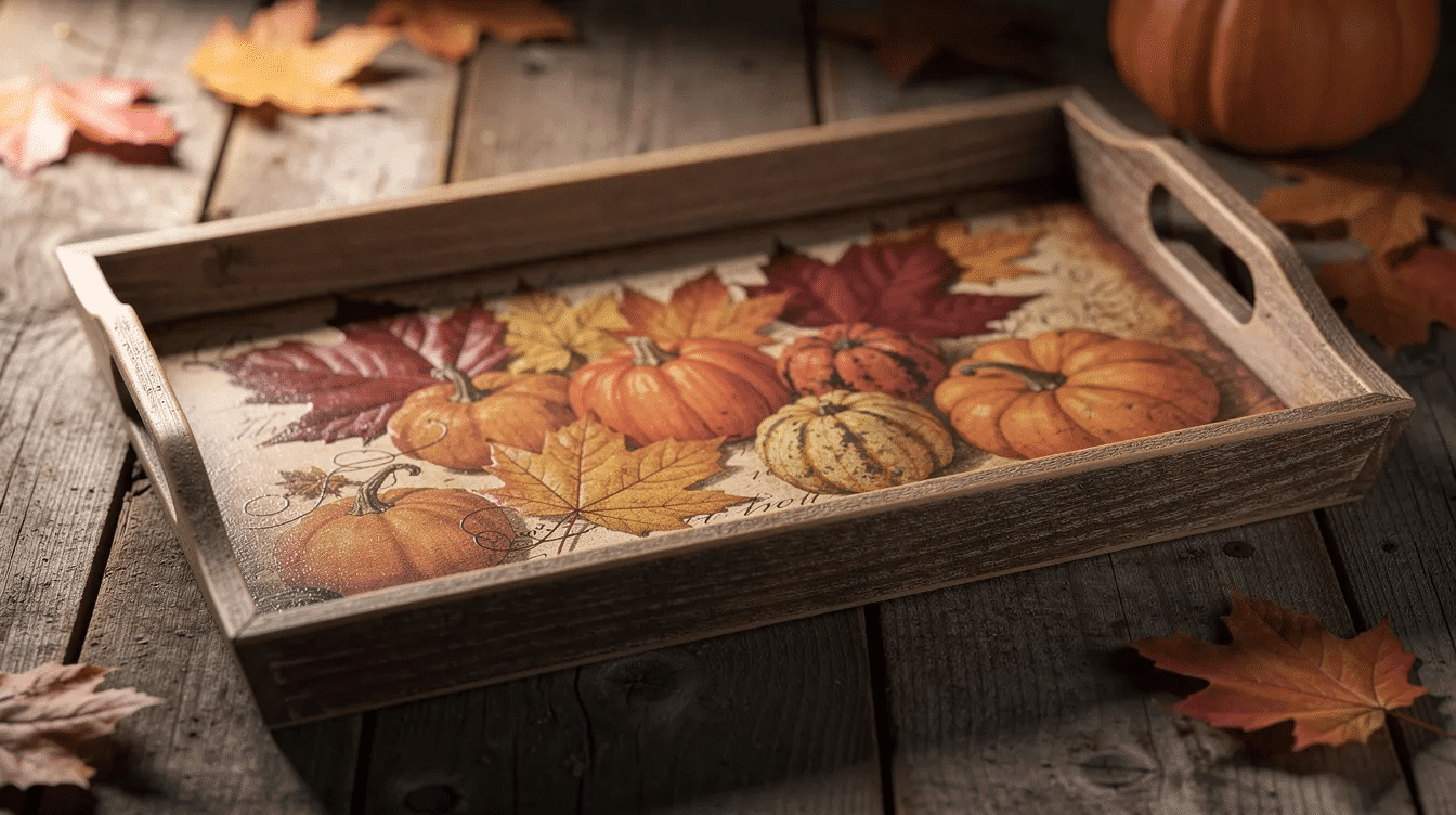 A rustic wooden tray is adorned with a vibrant decoupage design featuring autumn leaves and a charming pumpkin making it a perfect piece for seasonal home decor The exceptional quality of the decoupage napkins used enhances the tray's appeal, ideal for your next crafting project.