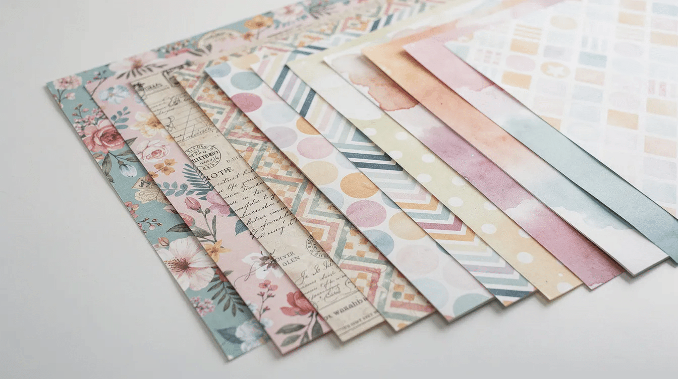 A variety of patterned scrapbooking papers is fanned out showcasing an array of vibrant colors and unique designs perfect for creating scrapbook pages handmade cards and cherished memories This collection includes options from brands like Simple Stories and Echo Park ideal for embellishments and die cuts