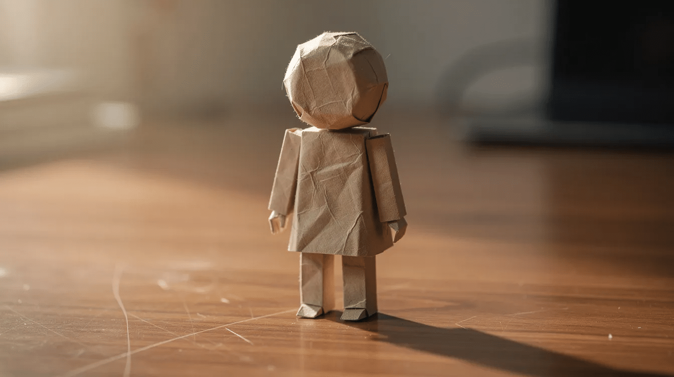 The image features a small cute brown origami figure resembling an Ewok from Star Wars with a rounded head and ears standing on a wooden desk This adorable puppet showcases the intricate folds and craftsmanship inspired by Tom Angleberger's origami instructions, inviting viewers to enjoy and share their love for this epic character.