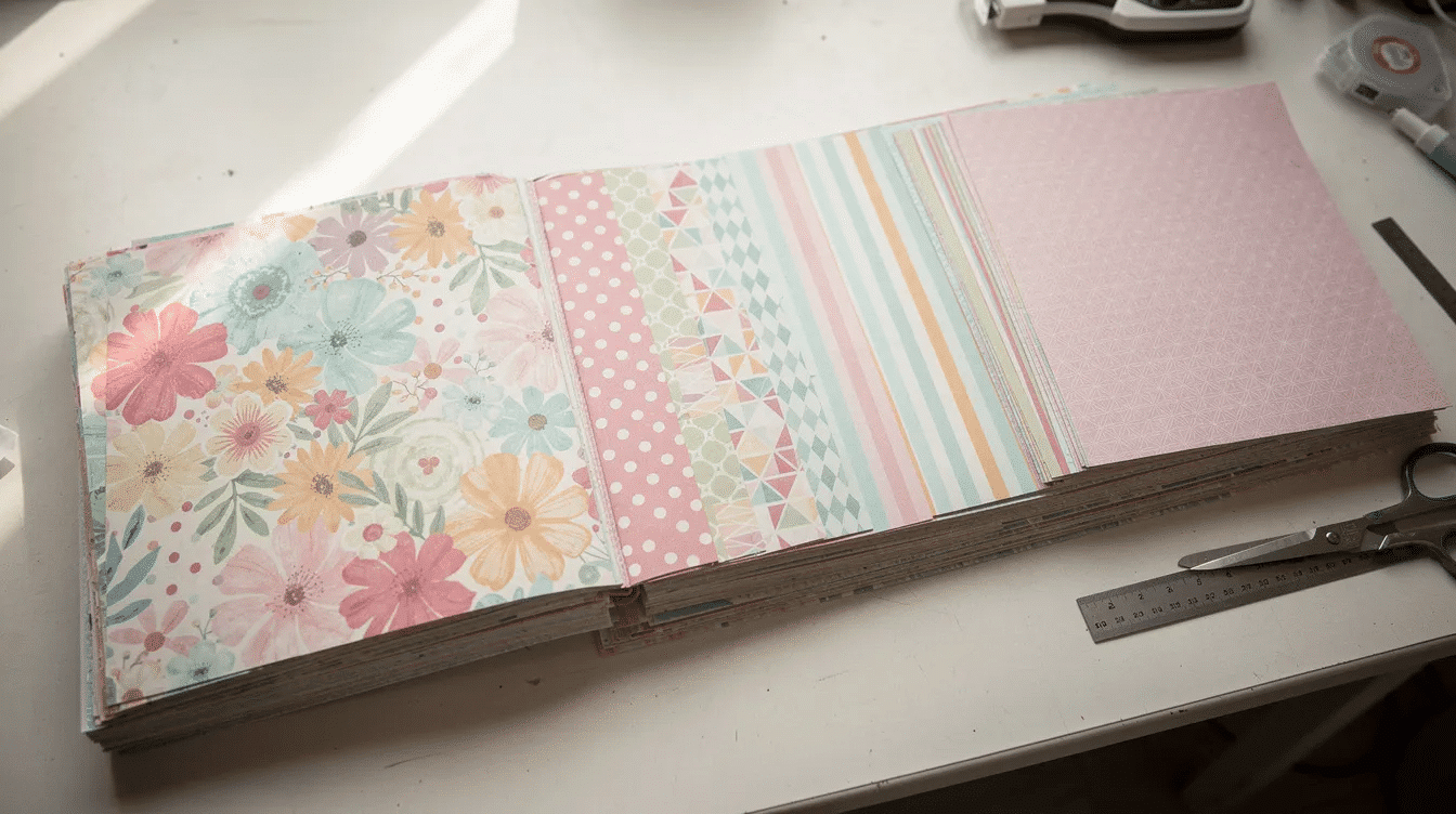 The image features vibrant stacks of patterned scrapbook paper neatly arranged on a craft table showcasing various designs ideal for family layouts and embellishments This colorful collection represents essential scrapbook supplies that crafters can use for their projects