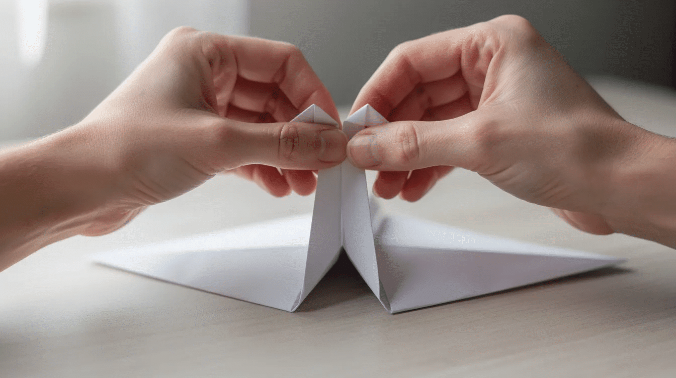 A pair of hands is gently pulling up the neck portion of an origami swan mid fold demonstrating a step in creating this traditional origami model The white paper swan is partially assembled showcasing the delicate creases and folds essential for beginners learning how to make an easy origami swan