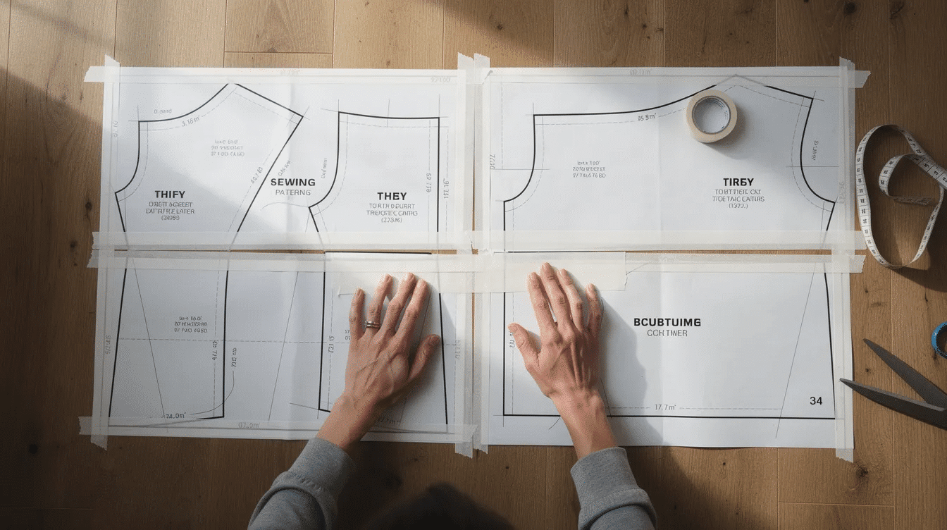 The image shows several printed patterns taped together on a hardwood floor ready for a sewing project The tiles are arranged in a way that suggests careful planning for cutting fabric according to the included instructions