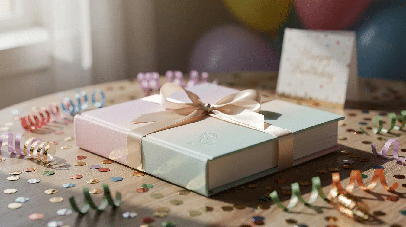 3f4c2891 cf09 4bc0 ae03 92433d199018 A beautifully wrapped hardcover memory book adorned with a ribbon bow is displayed on a table decorated for a birthday celebration This special book is designed to capture favorite memories photos and moments that families can share with future generations