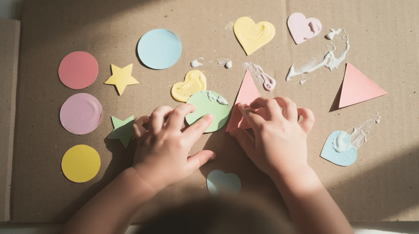 A child's hands are pressing colorful paper shapes made from recycled materials onto a flat cardboard surface, showcasing a fun and creative paper craft project. The vibrant colors and textures of the homemade paper add a glorious handmade beauty to the scene.