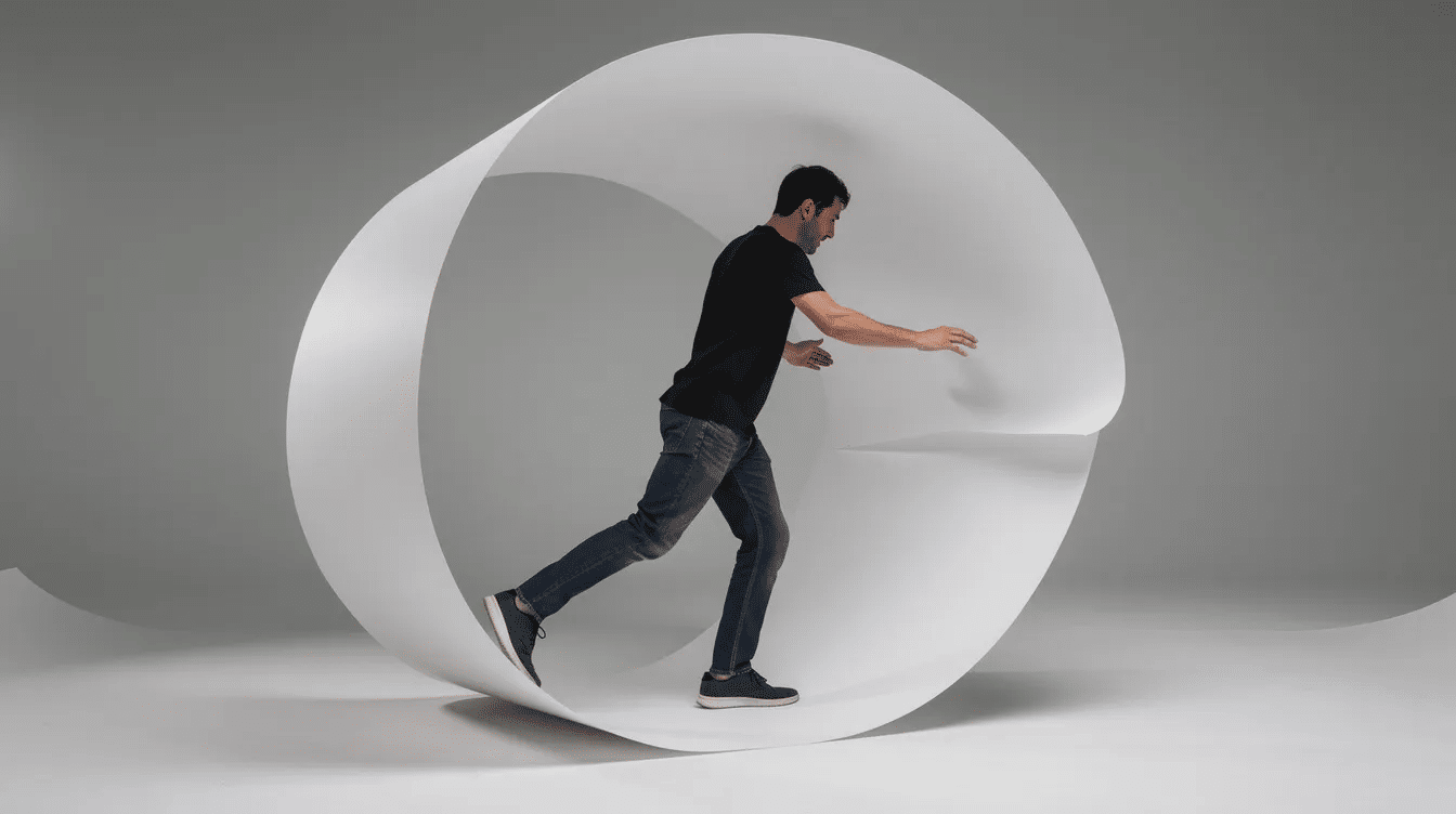 46b342ea d5c2 4bf2 9267 ab63148a31aa A person is stepping through a large paper loop created from a single sheet of paper demonstrating the technique of cutting a perfect circle The loop is formed by folding the paper and cutting along the edges showcasing the method for creating an entire hole in the material