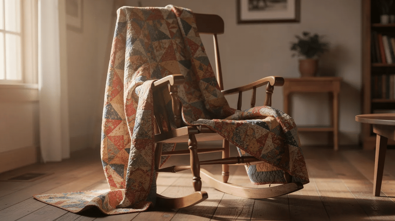 A colorful patchwork quilt is elegantly draped over a wooden rocking chair adding a cozy and artistic touch to the room This thoughtful gift perfect for grandparents showcases a blend of patterns and colors that evoke warmth and cherished memories
