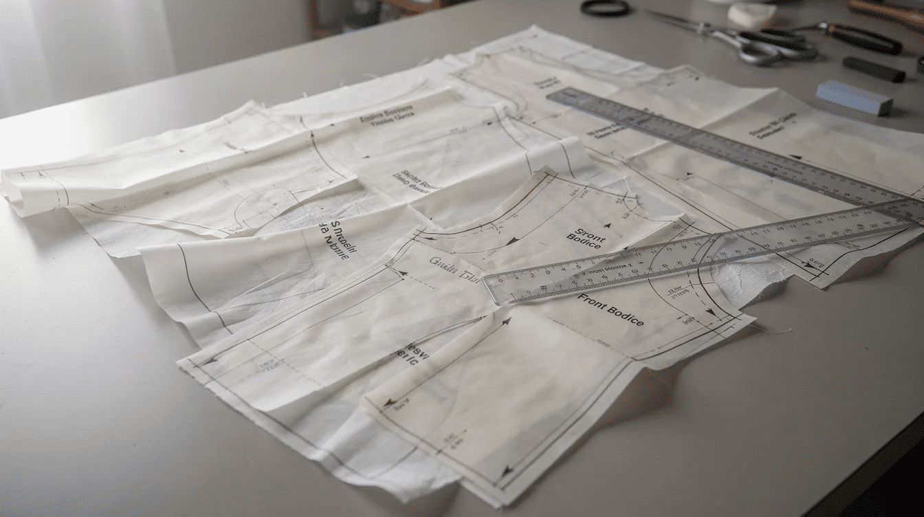 The image shows tissue paper sewing pattern pieces carefully spread out on a cutting table ready for the next project The printed patterns feature clear lines and instructions for easy cutting and tracing onto fabric