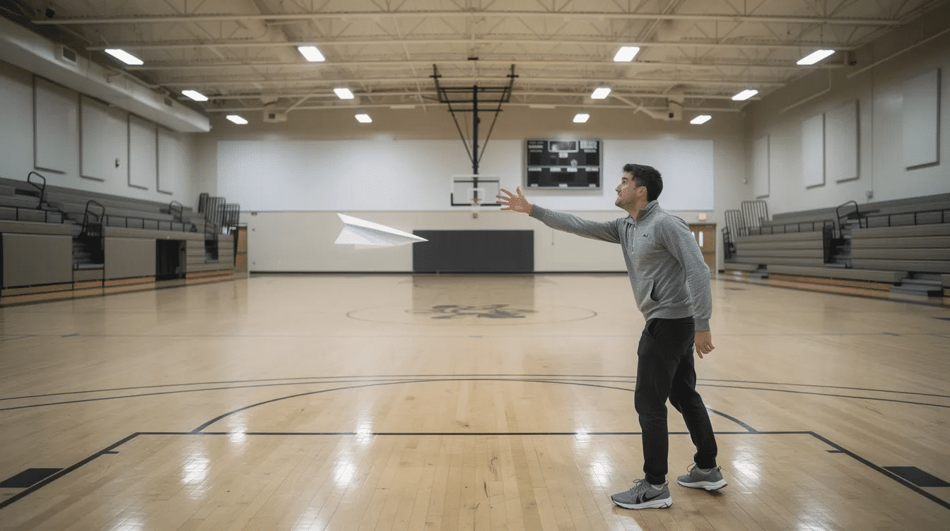 A person is launching a paper airplane in a large empty gymnasium showcasing the simplicity of foldable flight The scene emphasizes the joy of creating and flying paper planes reminiscent of instructional videos on how to make the best paper airplanes