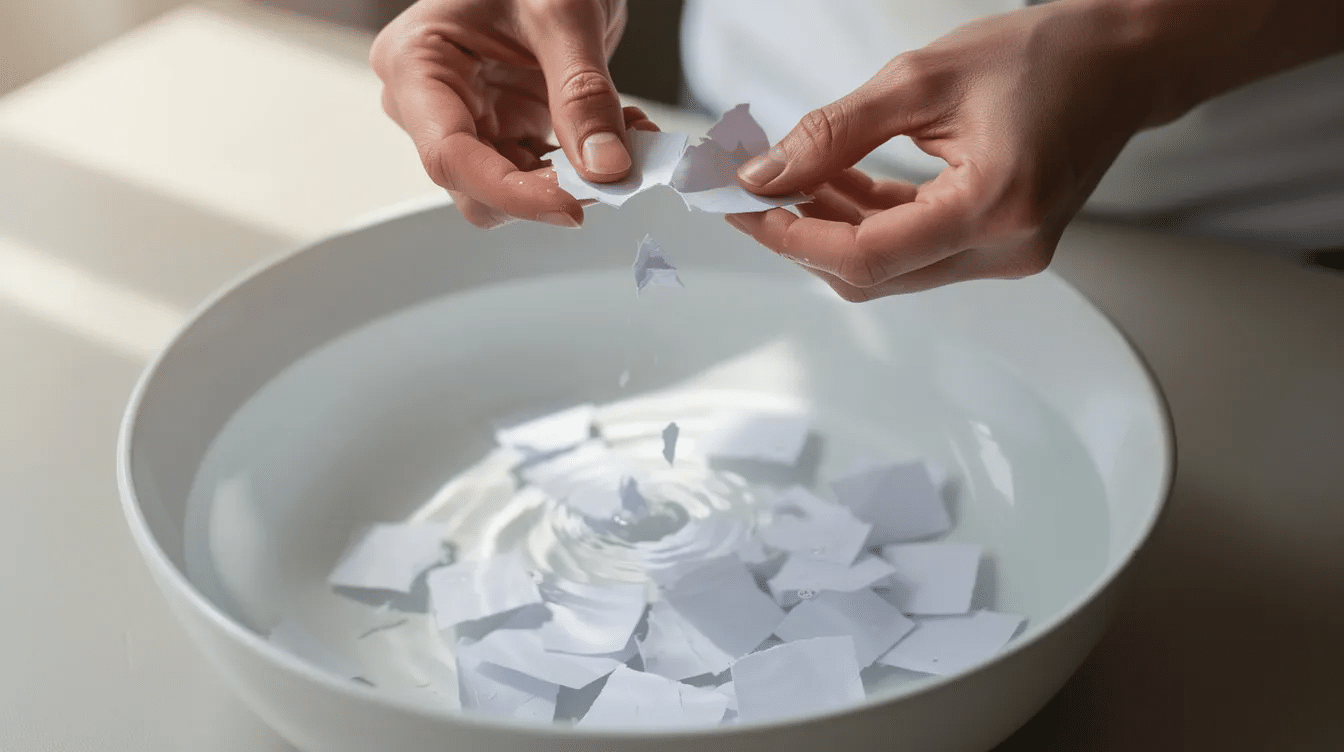 Hands are tearing white paper into small pieces which are being placed into a large bowl filled with water preparing the materials for a fun project of creating homemade paper The process involves soaking the recycled paper to eventually form paper pulp for crafting