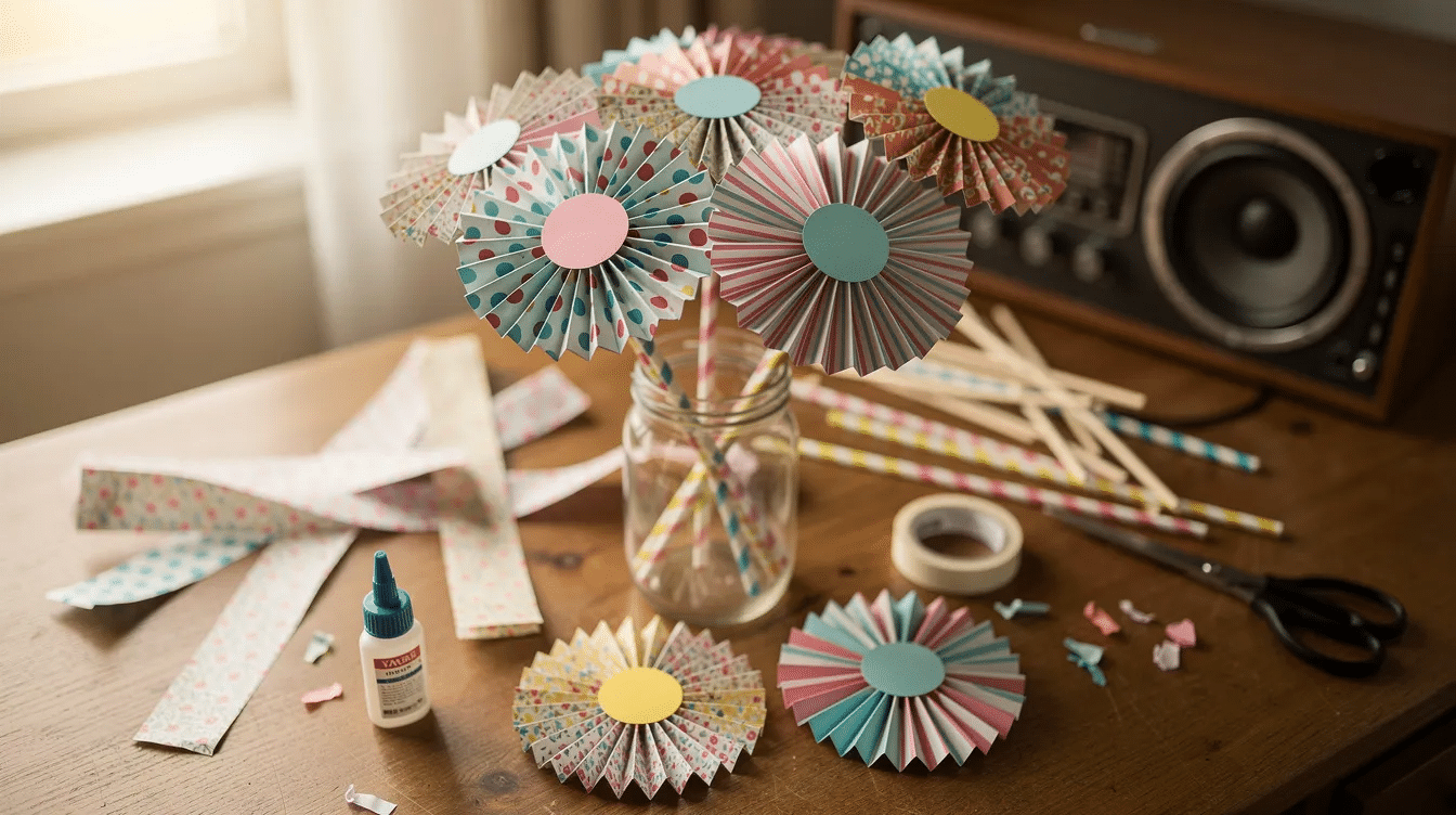 The image features a vibrant bouquet of accordion folded paper flowers showcasing a mix of patterns such as polka dots and stripes These colorful paper crafts are arranged on wooden skewers creating a cheerful centerpiece suitable for decorating a desk or dining table