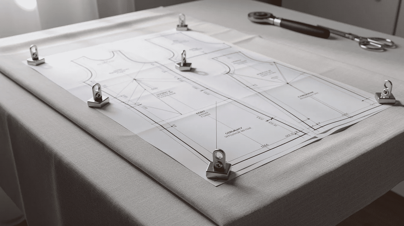 50d41ca1 fcca 4ee9 a716 c451b0c4c87e The image shows a dress pattern laid out on folded fabric secured with pattern weights ready for cutting Various sections of the pattern indicate different sizes for creating a dress or skirt demonstrating the process of preparing to sew