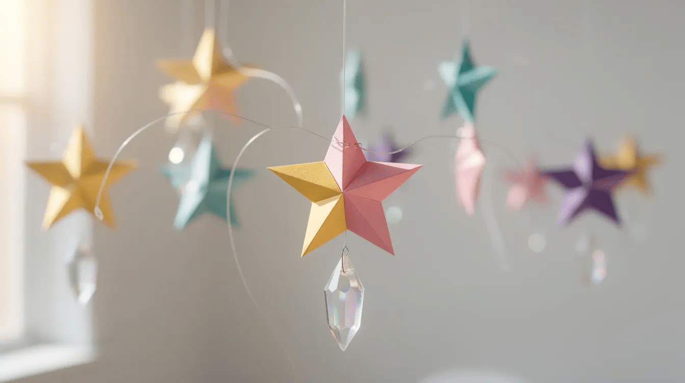 The image features colorful origami stars and crystal shapes suspended from fishing line creating a whimsical display against a light background This vibrant arrangement showcases the beauty of paper crafts and would be a delightful decoration for any occasion