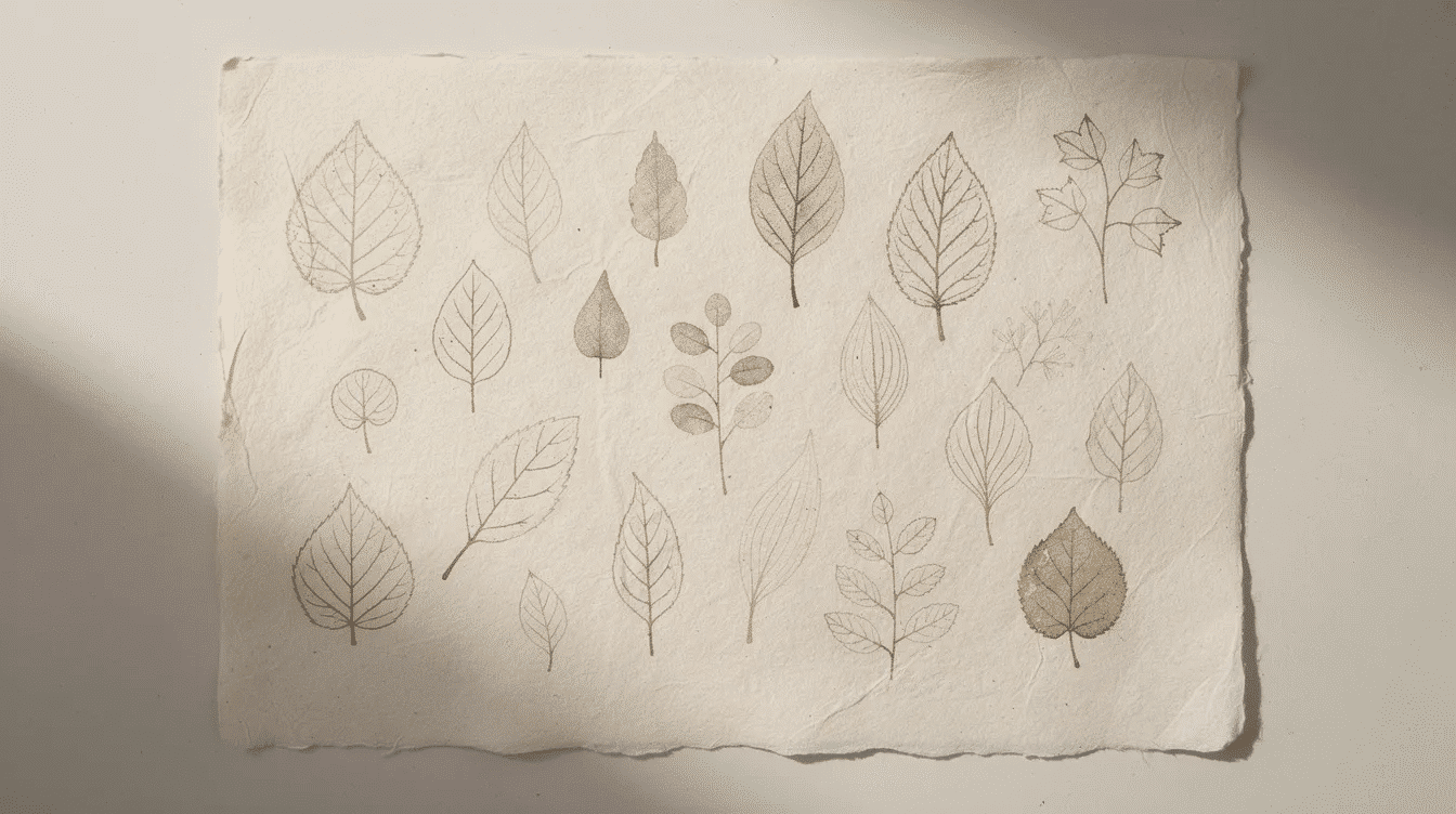 The image features elegant botanical leaf illustrations stamped onto cream colored handmade paper showcasing intricate designs that create a lasting impression This artwork exemplifies the beauty of custom stamps perfect for adding a unique touch to any project