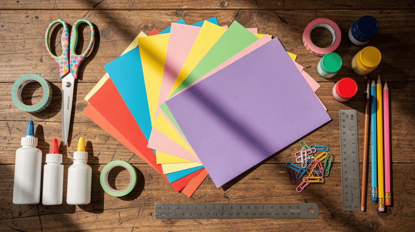 The image features a vibrant assortment of patterned paper stacks and various craft supplies neatly arranged on a wooden table perfect for creating scrapbook pages or handmade cards The colorful collection inspires creativity for projects like birthdays and holidays showcasing a mix of products from popular brands like Echo Park and Simple Stories