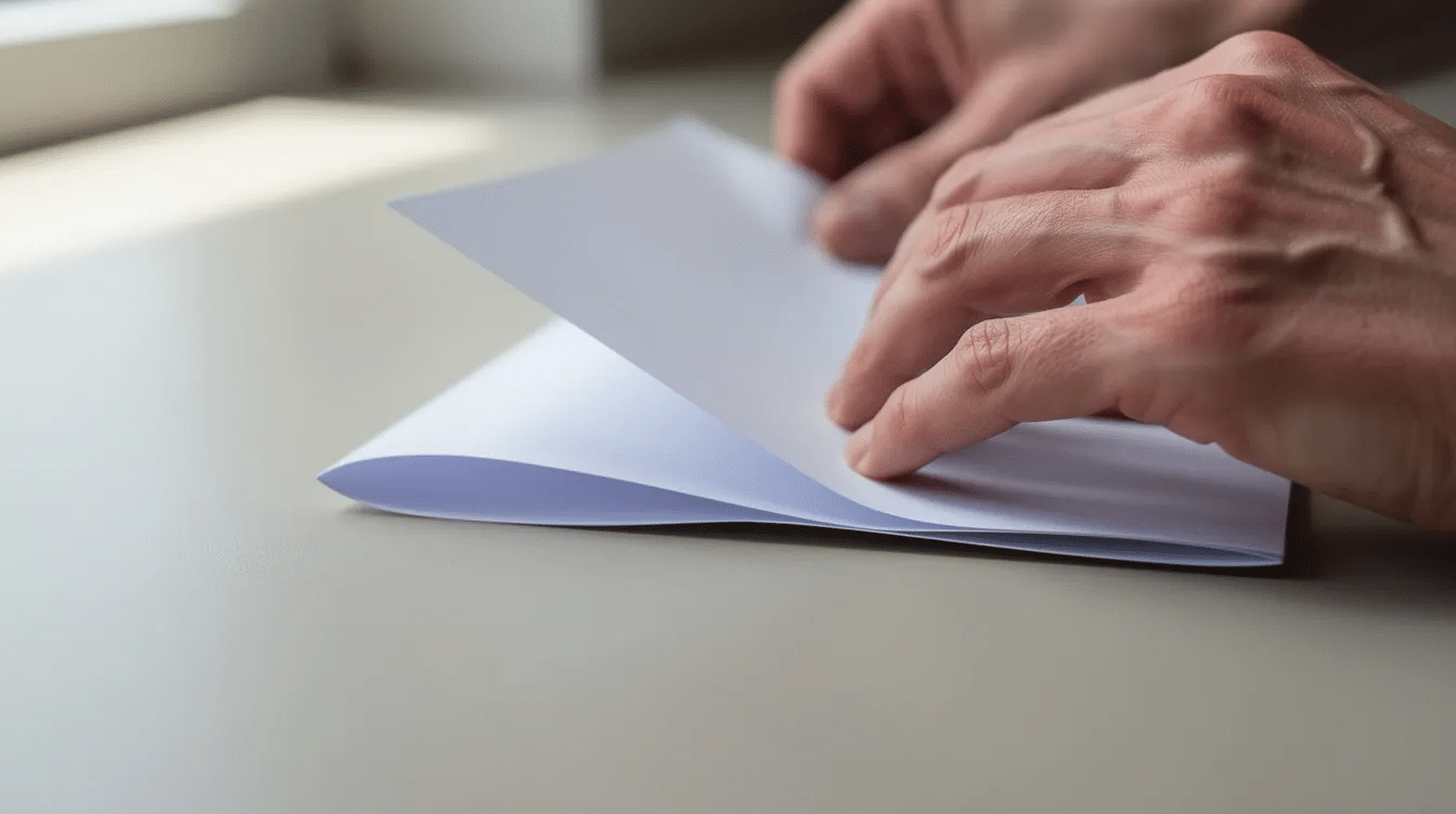 A pair of hands is skillfully folding a square sheet of white origami paper on a flat surface preparing to create a paper cube The process involves just a few folds demonstrating an easy origami tutorial that could be used for fun school projects