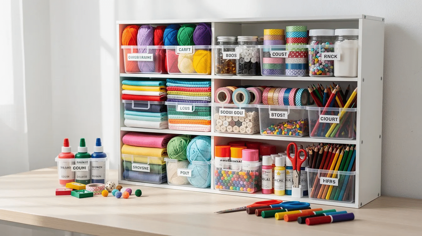 The image features neatly organized craft storage bins filled with a variety of colorful supplies including paper stickers and tools perfect for a craft subscription box This setup showcases high quality materials that inspire creativity and provide a fun way for kids and adults alike to engage in crafting projects
