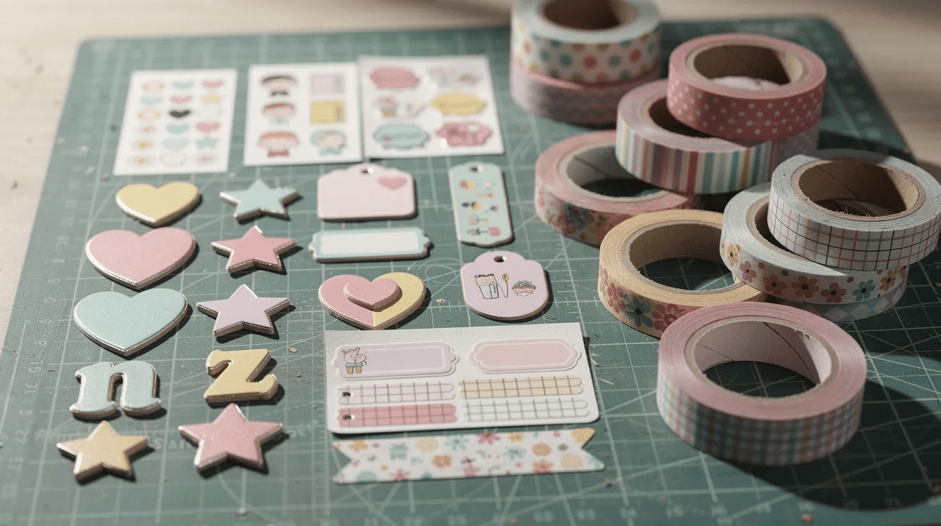 A close up view showcases a vibrant assortment of colorful chipboard pieces decorative stickers and various rolls of washi tape all neatly arranged on a craft mat perfect for enhancing scrapbook pages and handmade cards This collection of embellishments features a variety of colors and patterns ideal for preserving cherished memories and creating unique projects