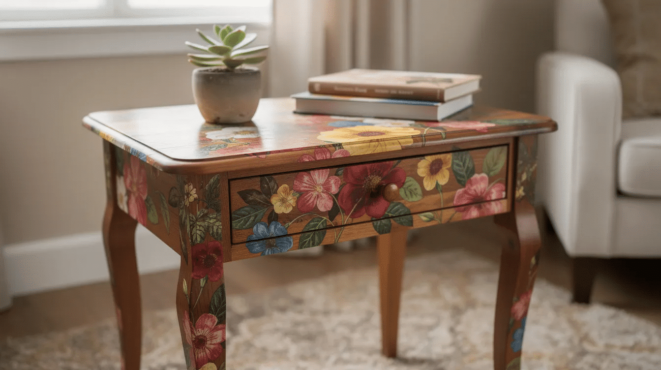 A transformed wooden side table adorned with a vibrant floral decoupage design showcasing colorful rice paper patterns that bring a touch of vintage charm to the home setting The table's surfaces are sealed for durability, making it an eye-catching piece of furniture perfect for any season.
