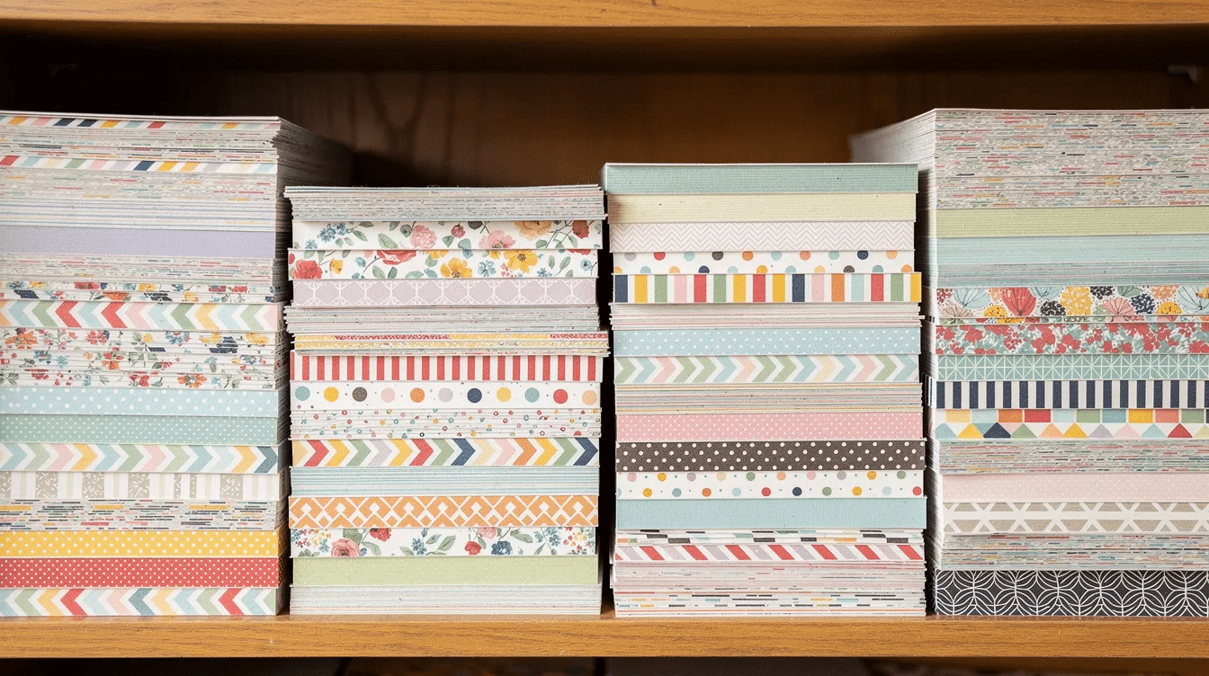 The image features colorful stacks of patterned cardstock and craft paper neatly arranged on wooden shelving showcasing a wide selection of supplies perfect for sparking creativity during national craft month This vibrant display invites both kids and adults to explore various textures and shapes for their next crafting project