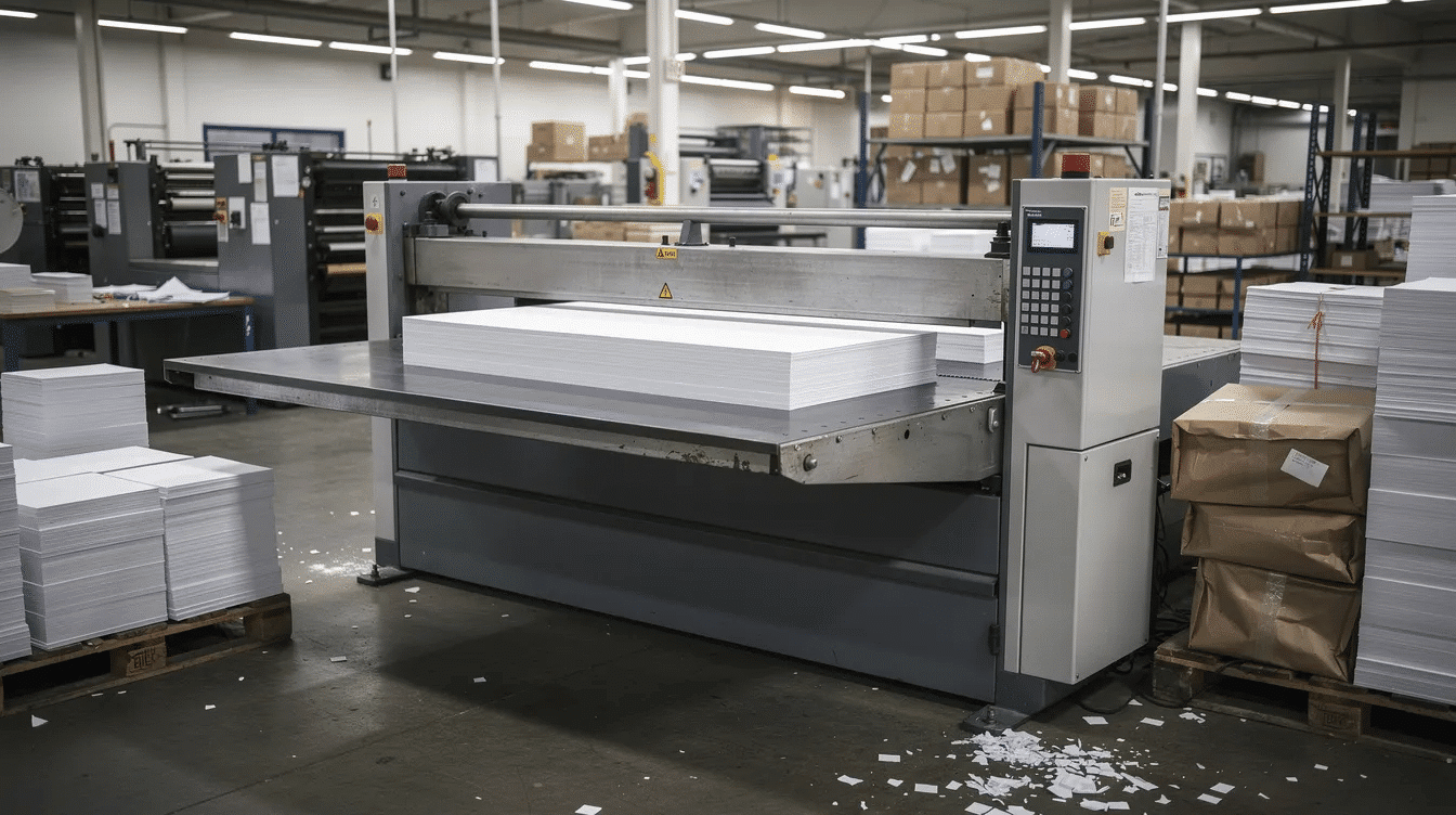 The image depicts a large industrial guillotine paper cutter situated in a commercial printing facility surrounded by stacks of various paper sheets This heavy duty paper cutting machine is designed for precision cutting featuring a hardened steel blade and safety guard for secure operation in print shops