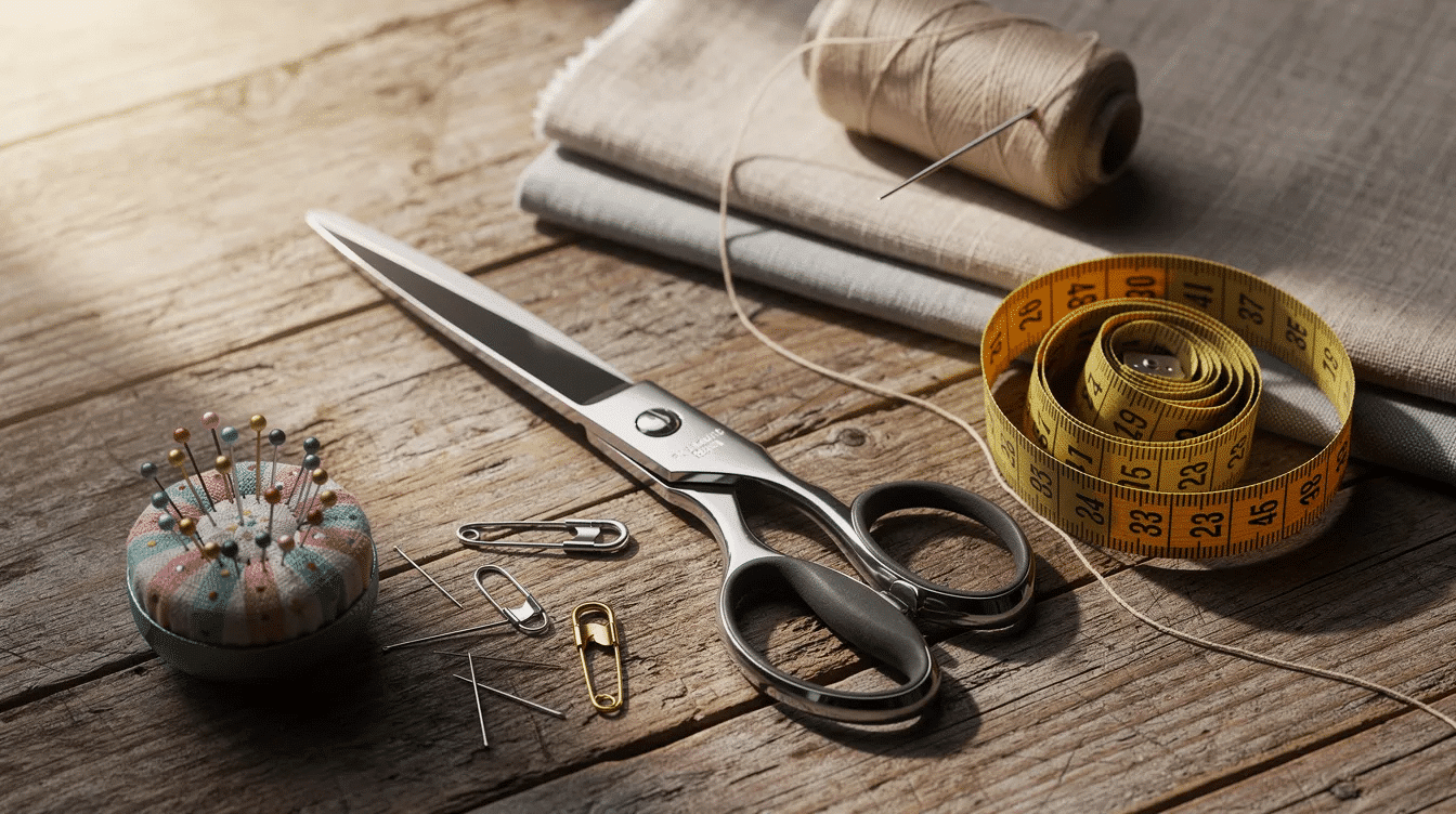 670adcec 5566 4b42 99d7 44de0f11f084 The image showcases an assortment of sewing supplies including sharp scissors a flexible measuring tape and colorful pins all neatly arranged on a rustic wooden table perfect for creating dress patterns or skirts This setup suggests a creative space for anyone looking to opt for DIY projects or download patterns for their next sewing venture