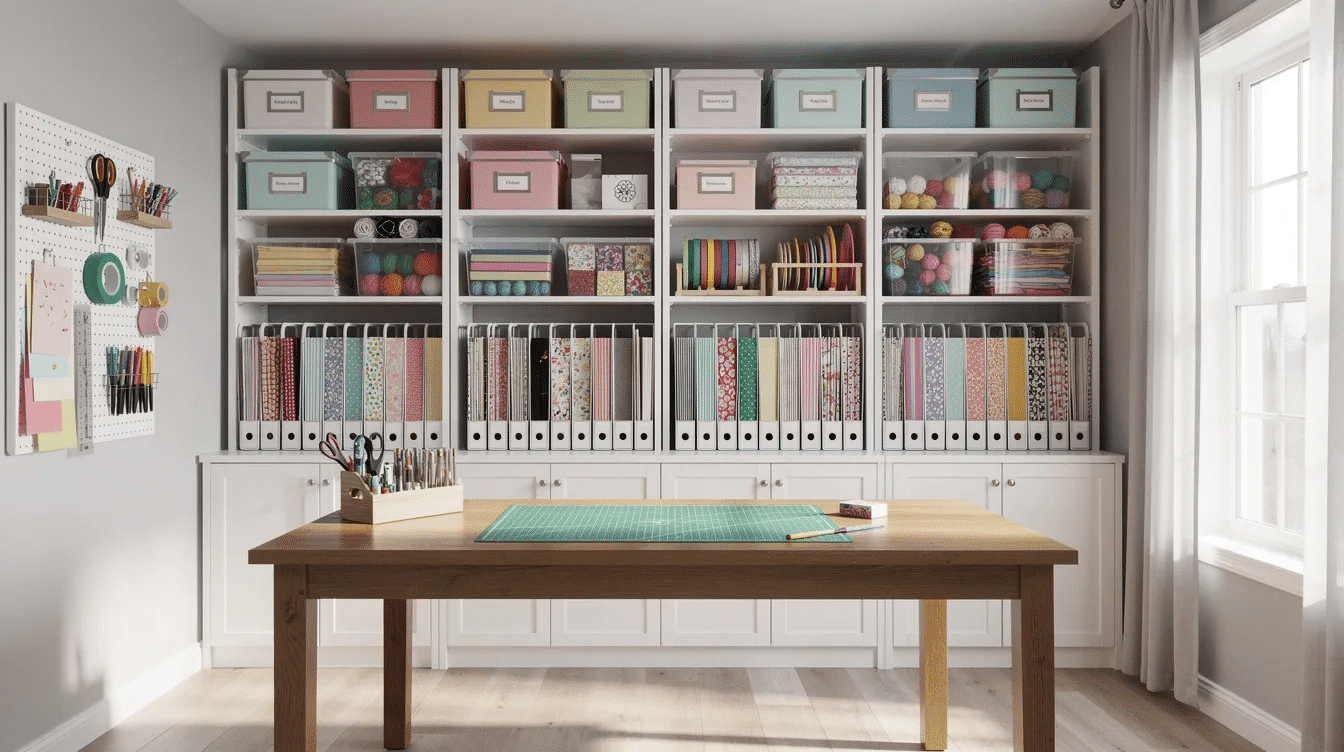 67b9d580 26d5 4f02 8aef da96907e2d24 The image depicts a neatly organized craft room featuring shelves filled with storage boxes and filing systems ideal for keeping dress patterns and instruction booklets Various crafting materials for creating skirts jackets and other garments are visible emphasizing a space designed for creativity and organization