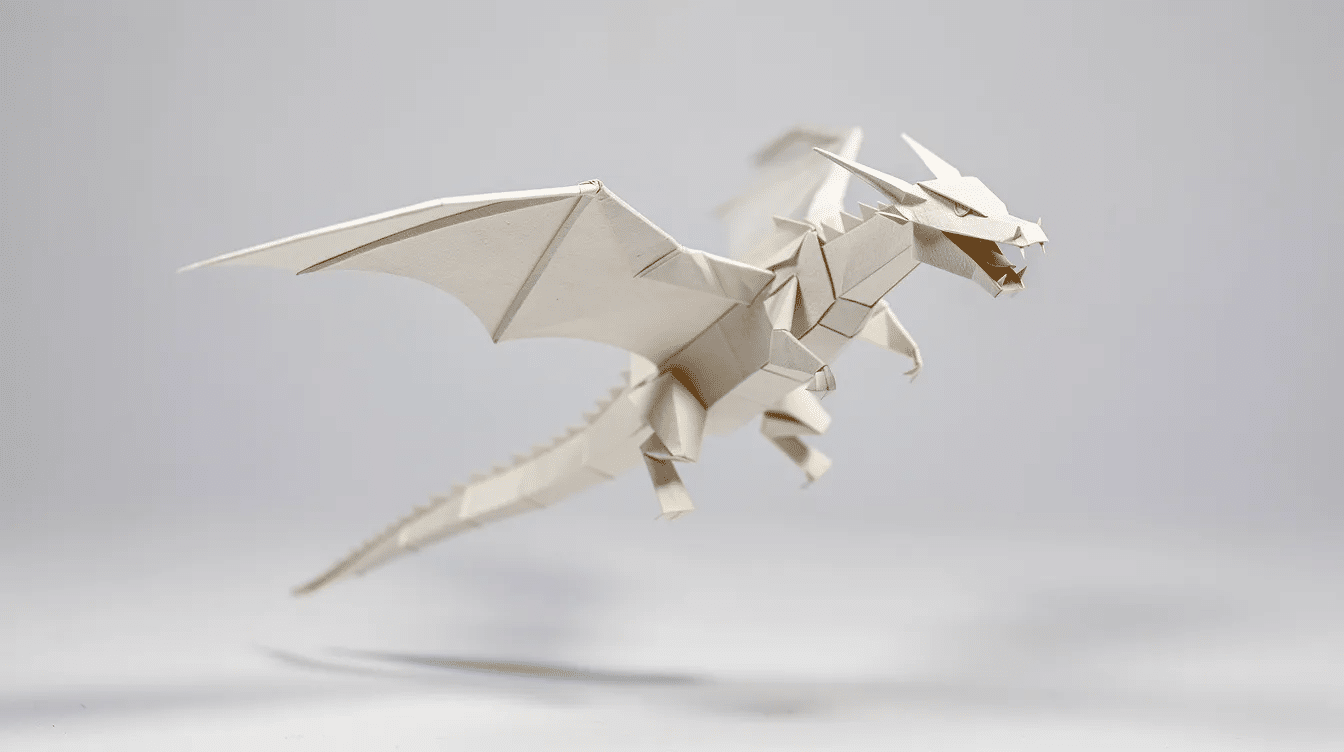 67d3c197 19f4 423f 9e27 e9659957d8c7 The image features an origami dragon glider made from colored paper soaring through the air with its wings fully spread against a plain background The intricate folds and curves of the dragon's body, including its head and tail, showcase the craftsmanship of an origami expert.