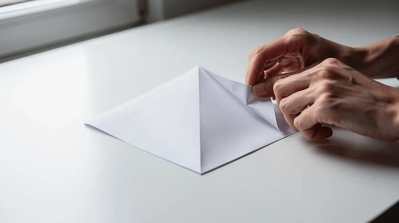 A pair of hands is meticulously folding a piece of square origami paper on a clean white desk illuminated by natural light showcasing the art of creating simple origami models The scene emphasizes the focus and care involved in the process of folding paper into beautiful designs