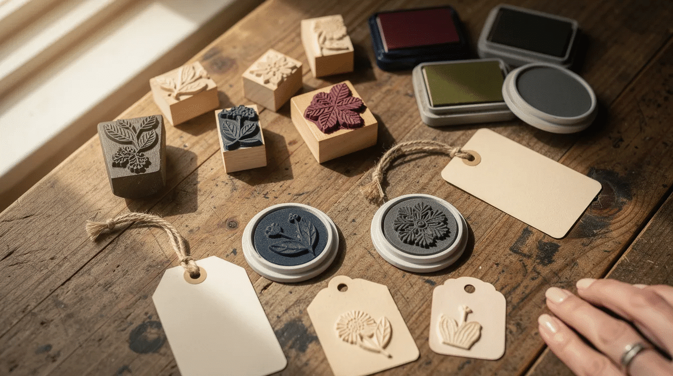 The image features a variety of craft supplies including rubber stamps vibrant ink pads and scattered paper tags all arranged on a rustic wooden table This setup showcases tools for creating custom stamps and unique designs perfect for crafting enthusiasts