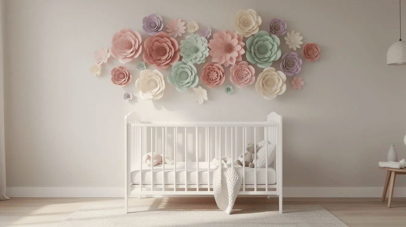 6dee2900 e9d2 4a05 8224 e9f5bc2d1a3d Soft pastel paper flowers are beautifully arranged above a white crib in a nursery illuminated by natural light creating a charming and serene atmosphere This delightful paper flower wall decor adds a whimsical touch to the nursery perfect for a baby shower or as a flower backdrop for celebrations