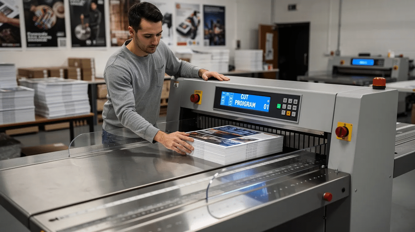 A print shop worker is operating an electric programmable paper cutter with digital controls showcasing the precision cutting capabilities of the machine The cutter features a hardened steel blade and safety guard designed for heavy duty use in small businesses efficiently handling various materials like paper and cardboard