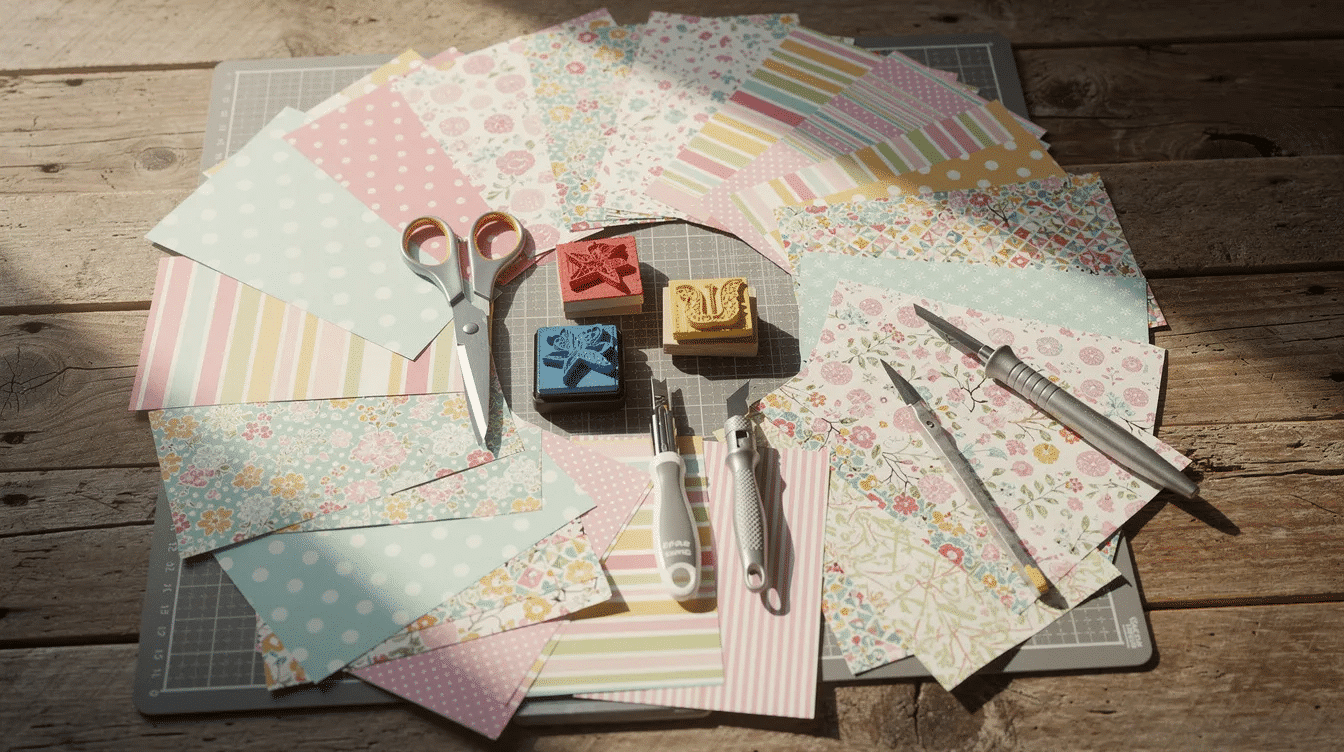 A colorful assortment of patterned papers stamps and cutting tools is beautifully arranged on a wooden craft table showcasing a variety of paper crafting supplies perfect for inspiring creativity in projects like scrapbooking or card making The vibrant palette invites joy and fun for any crafty occasion