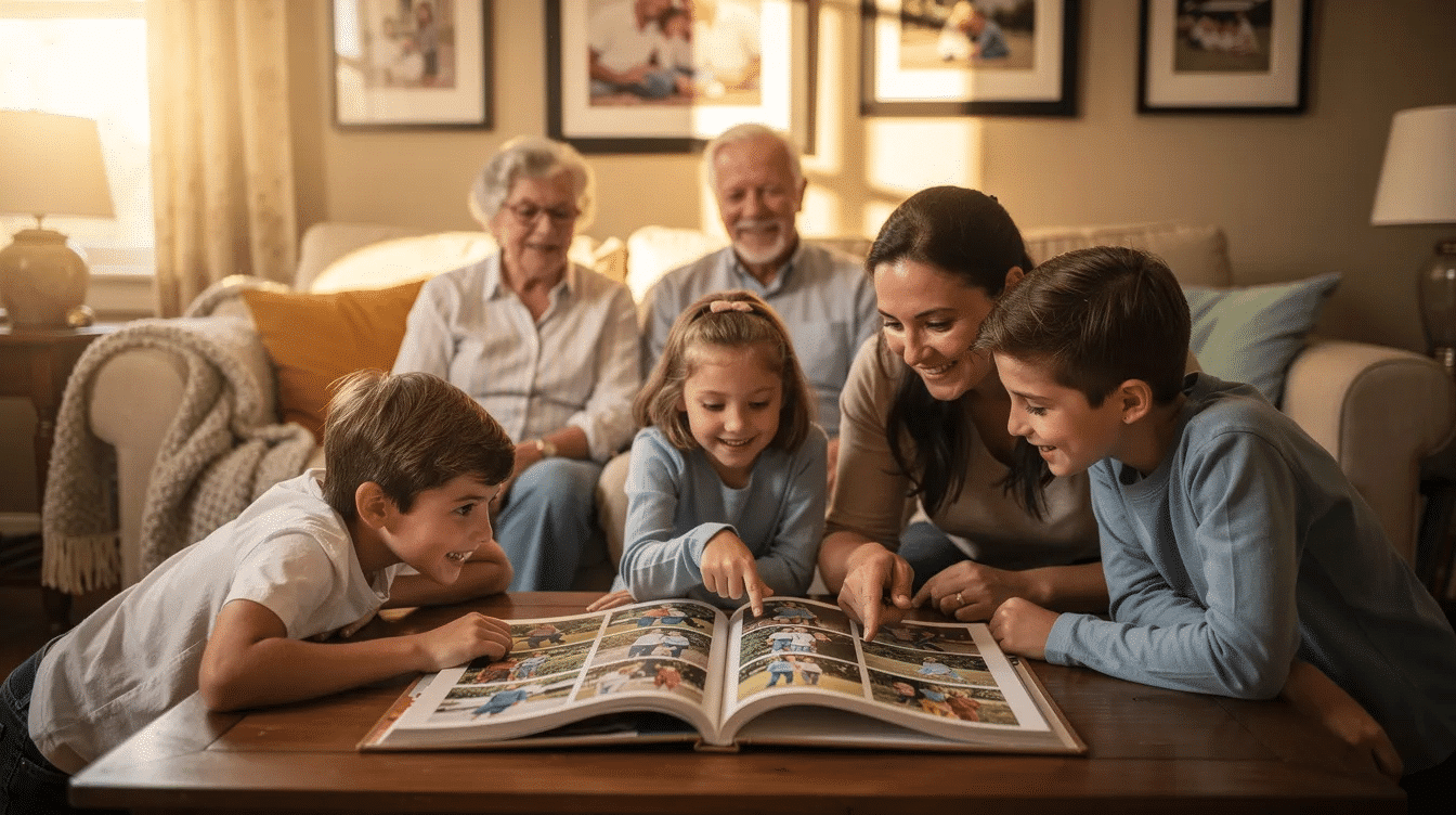 72aca3fd 3008 4437 ae81 33dfd01dfe33 A family of multiple generations gathers around a coffee table in the living room joyfully flipping through an open photo album filled with favorite memories and cherished moments They smile together celebrating their life story and the connections that will be cherished by future generations