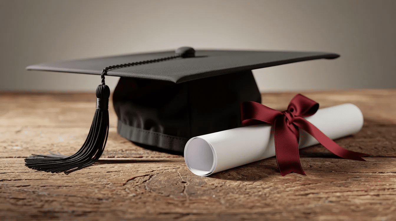 A graduation cap and diploma are elegantly placed on a wooden surface symbolizing achievement and celebration This image evokes the essence of graduation cards perfect for sending well wishes to loved ones on their special occasion