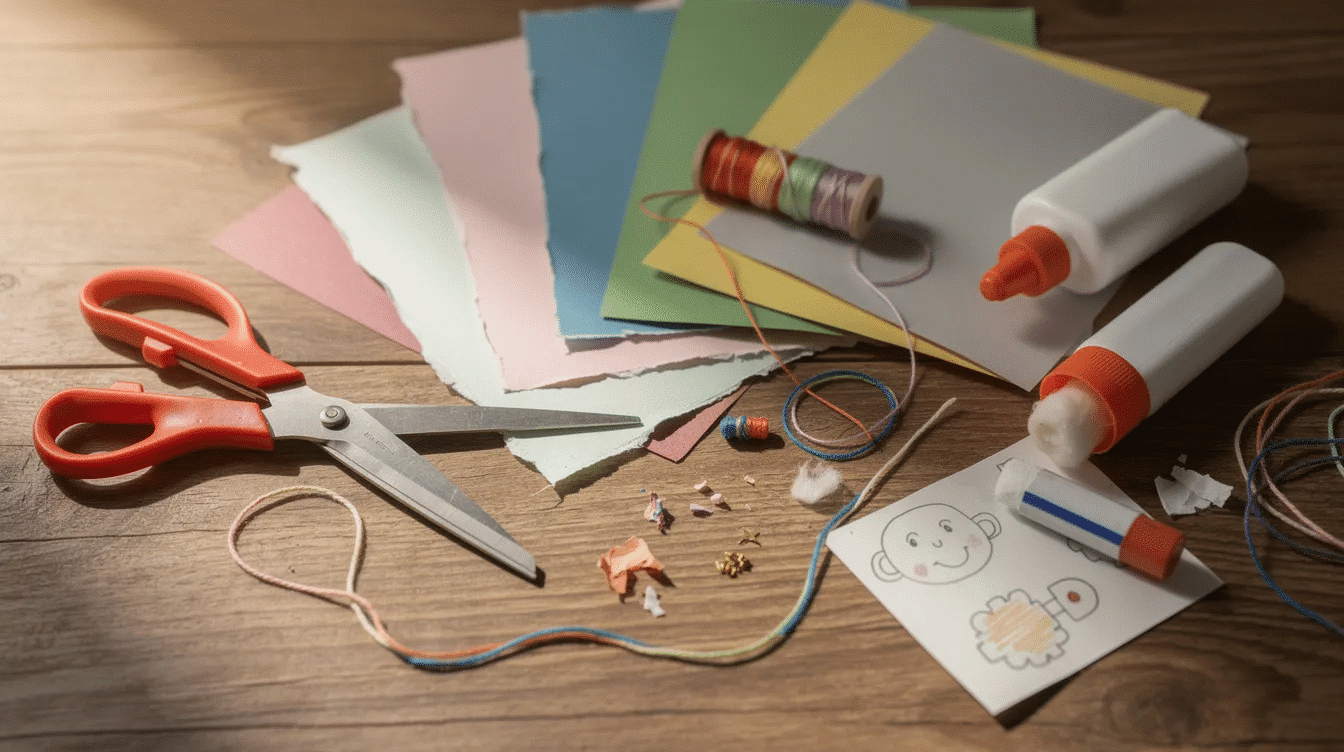 The image shows a variety of craft supplies scattered on a wooden table including scissors colorful paper spools of thread and bottles of glue perfect for junk journaling and other paper crafts These materials invite creativity and inspiration for making unique journal projects or scrapbook pages