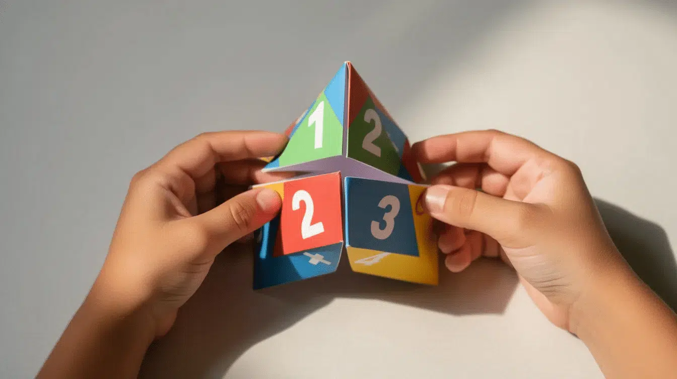 Children's hands are holding a colorful origami paper fortune teller, displaying visible numbers on its exterior. This fun and easy origami model encourages kids to explore simple folds and creative designs.