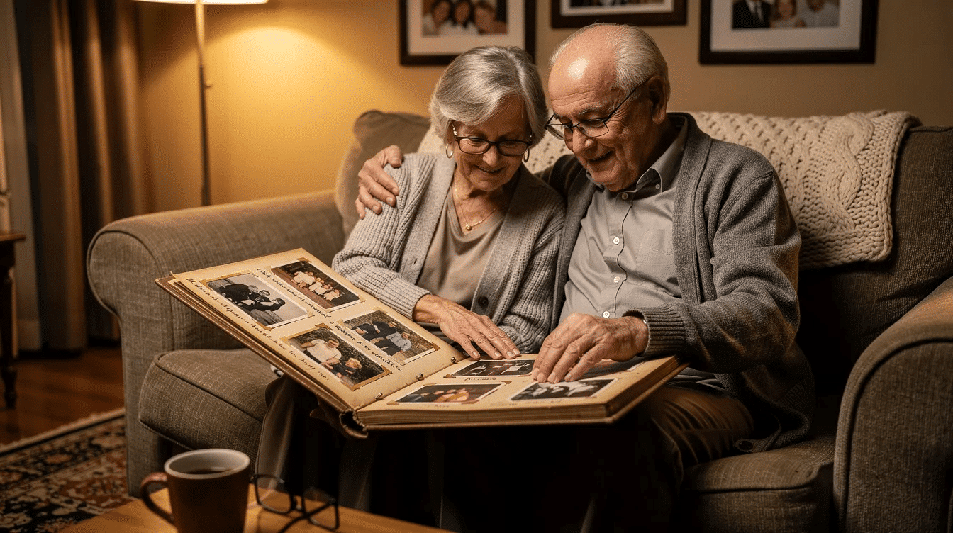 An elderly couple sits together on a cozy couch joyfully looking through a handmade photo album filled with family photos and cherished memories This thoughtful gift serves as a keepsake that highlights their bond and the special moments shared with their grandkids