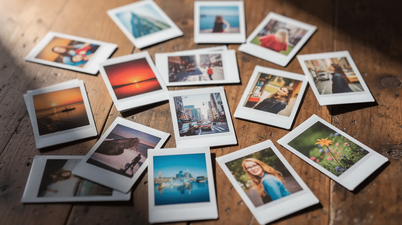 A collection of colorful instant photos resembling a polaroid photo album is spread across a wooden table illuminated by soft natural lighting capturing joyful memories and moments with friends and family Each photo showcases vibrant colors and little notes evoking a sense of nostalgia and fun