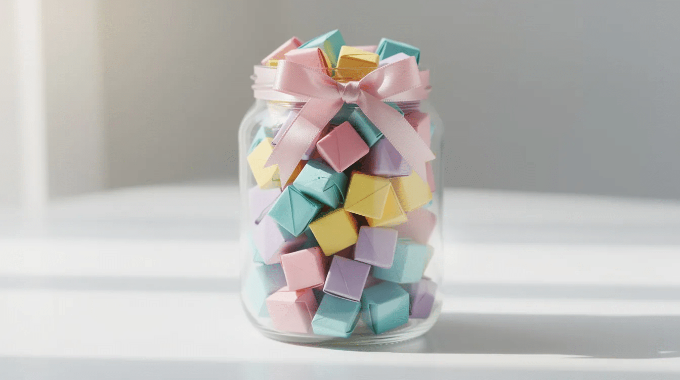 A glass jar is filled with colorful folded paper notes each tied with a delicate ribbon creating a thoughtful keepsake gift that captures cherished memories This DIY project is perfect for grandparents and adds a personal touch to special occasions like birthdays or Mother's Day.